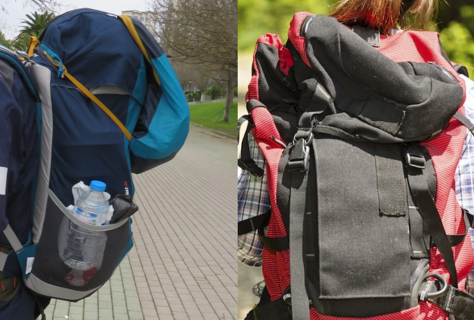 Camino bad advice, backpack size volume, too small too big, Photos: left Marion, Santiago in Love, CC BY-NC-SA and right Istockphoto.com